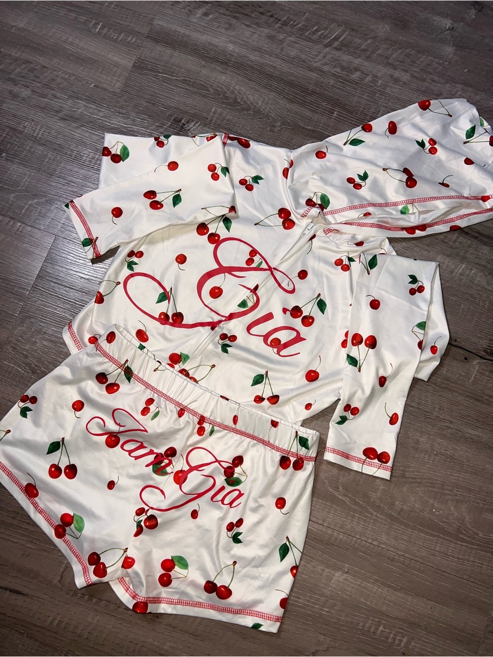 White Cherry-Print Two Piece Set with Hood